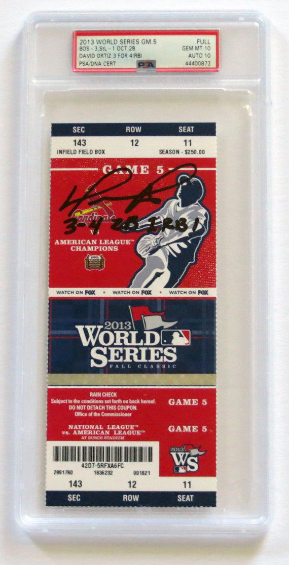 David Ortiz Signed Boston Red Sox 2013 World Series Game 5 Encapsulated Ticket W/ 3-4 2B 1 RBI PSA/DNA Graded GEM MT 10 AUTO 10-Powers Sports Memorabilia