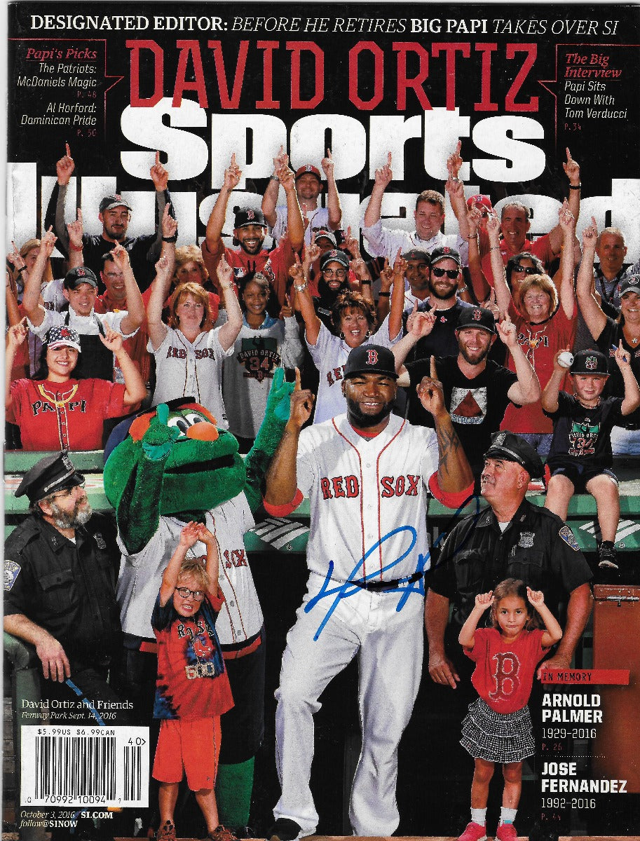 David Ortiz Autographed Boston Red Sox Sports Illustrated 10/3/16 Beckett Witnessed Blue-Powers Sports Memorabilia