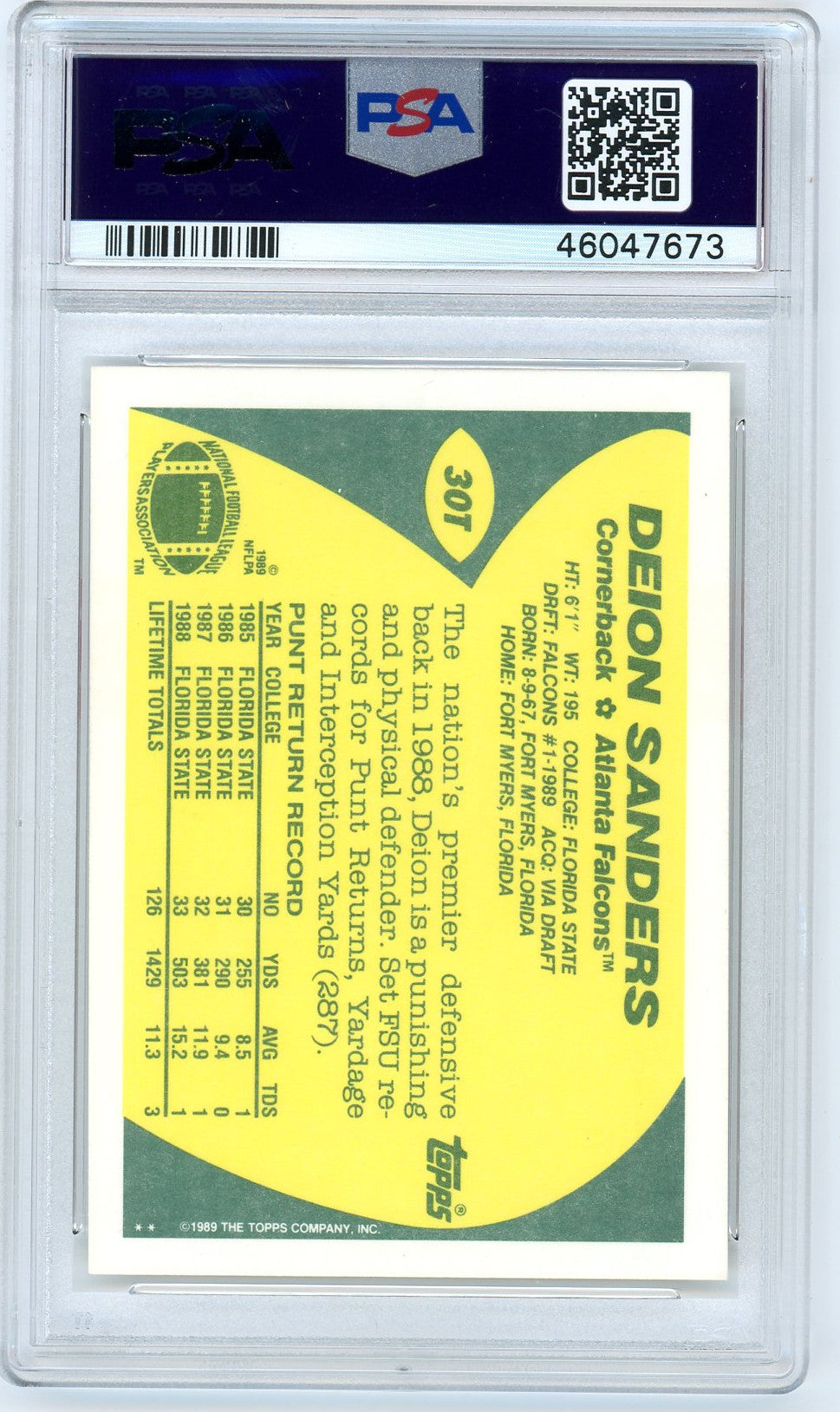 Deion Sanders 1989 Topps Traded Football Rookie Card RC #30T Graded PSA 9 MINT-Powers Sports Memorabilia