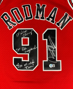 Dennis Rodman Autographed Chicago Bulls Signed Mitchell & Ness Basketball Jersey Beckett COA 3 INSCRIPTIONS-Powers Sports Memorabilia