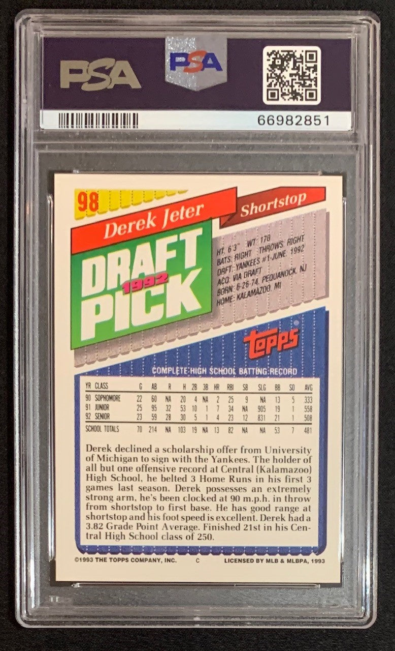 Derek Jeter 1993 Topps Gold Baseball Rookie Card RC #98 Graded PSA 9-Powers Sports Memorabilia