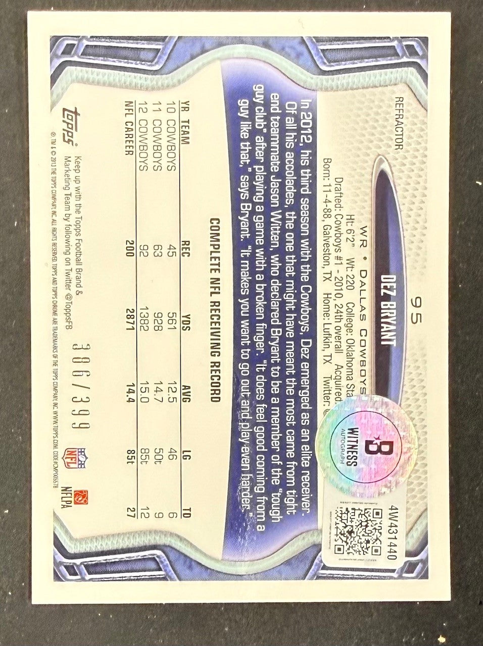 Dez Bryant 2013 Topps Chrome Pink Refractor Signed Football Card #95 Auto 386/399 Beckett Witness Cert #4W431440