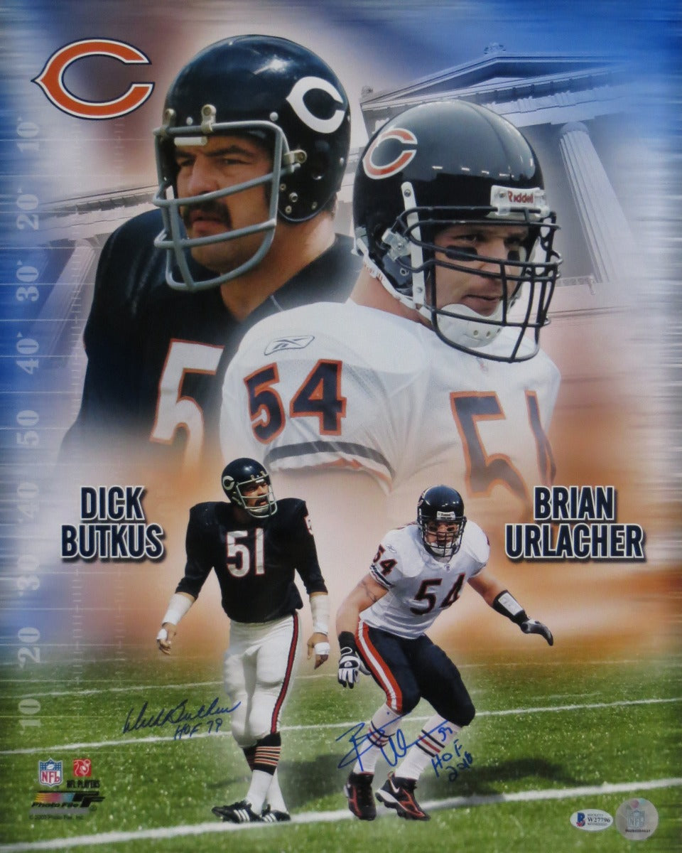Dick Butkus and Brian Urlacher Autographed Chicago Bears 16x20 Photo W/HOF Beckett Witnessed-Powers Sports Memorabilia