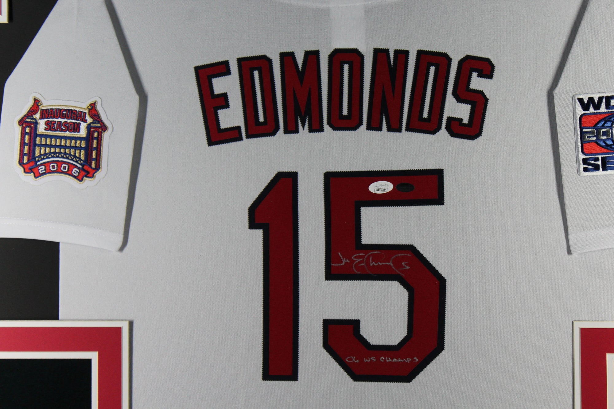 Jim Edmonds Autographed St Louis Cardinals Signed 2006 World Series Baseball Framed Jersey JSA COA-Powers Sports Memorabilia