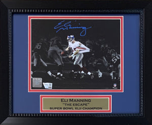 Eli Manning Autographed New York Giants Signed Super Bowl XLII Escape Play Framed 8x10 Photo Fanatics COA-Powers Sports Memorabilia