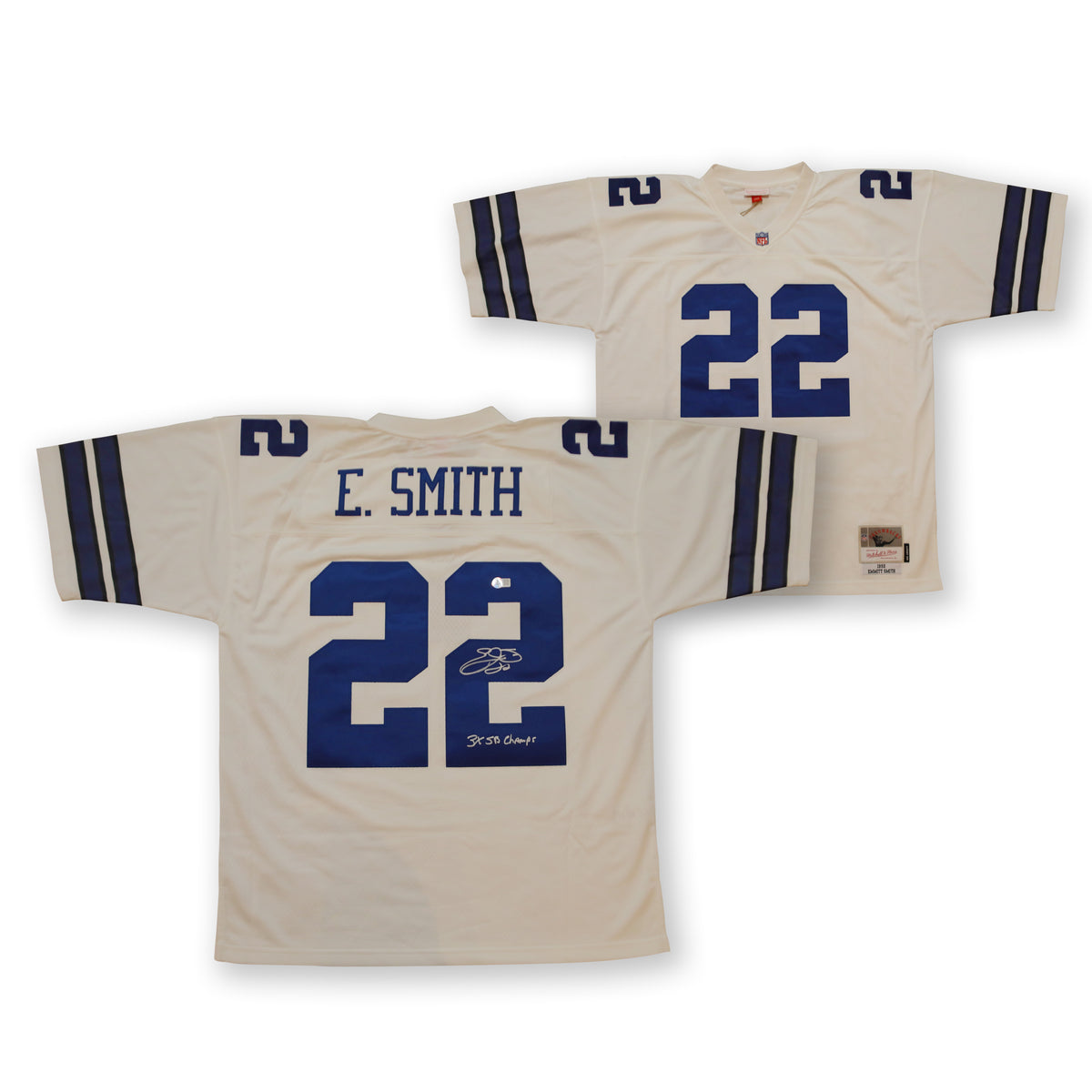 Emmitt Smith Autographed Dallas Cowboys Signed Mitchell &amp; Ness Football Jersey 3 x SB CHAMP Beckett COA White-Powers Sports Memorabilia