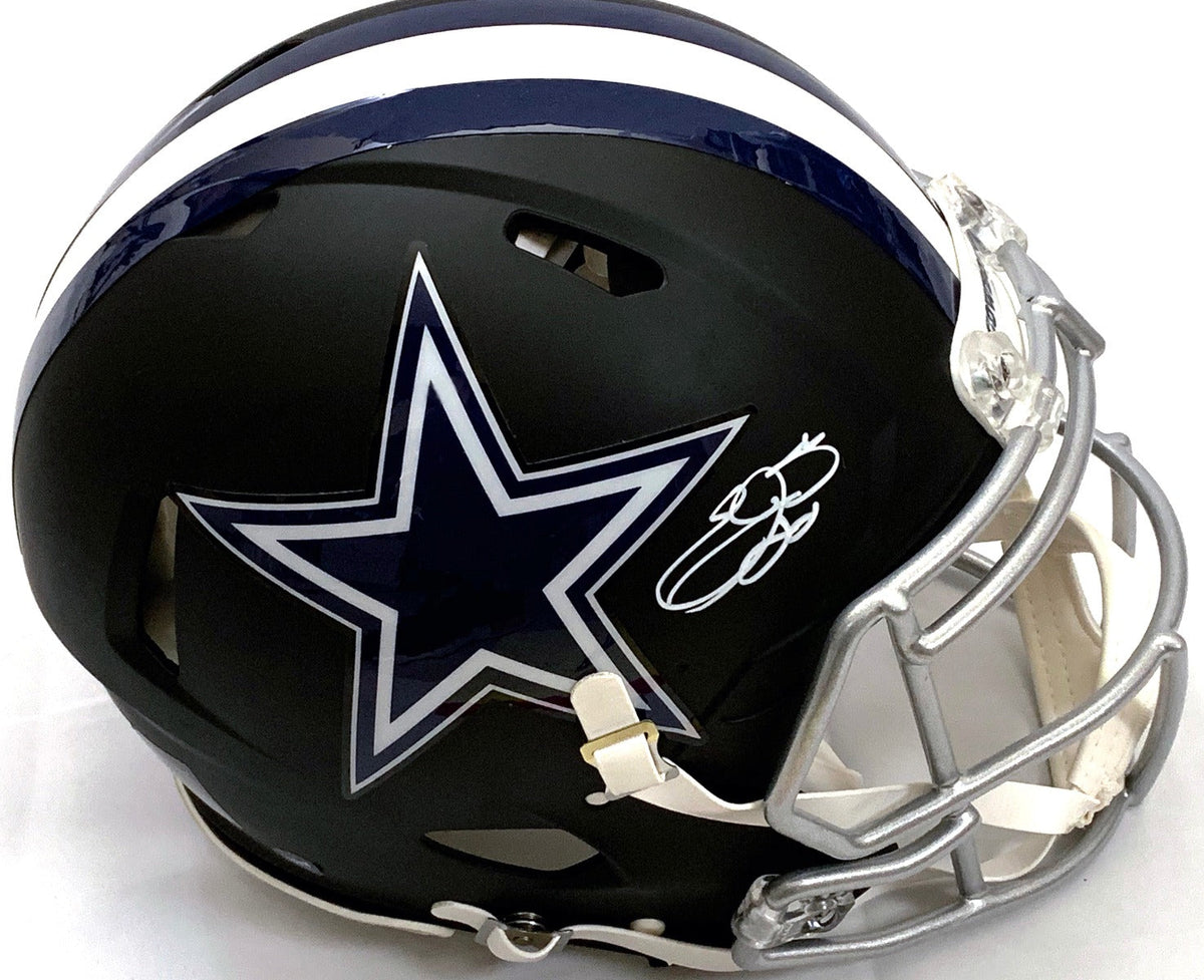 Emmitt Smith Autographed Dallas Cowboys Riddell Matte Flat Black Speed Authentic Helmet in White Paint Beckett Witness-Powers Sports Memorabilia