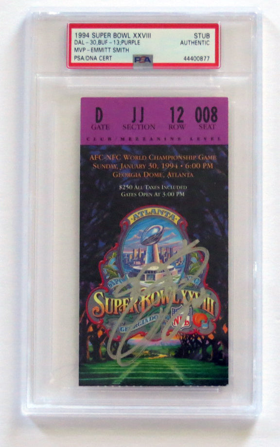 Emmitt Smith Signed Dallas Cowboys Super Bowl XXVIII Encapsulated Ticket Stub PSA/DNA Purple-Powers Sports Memorabilia