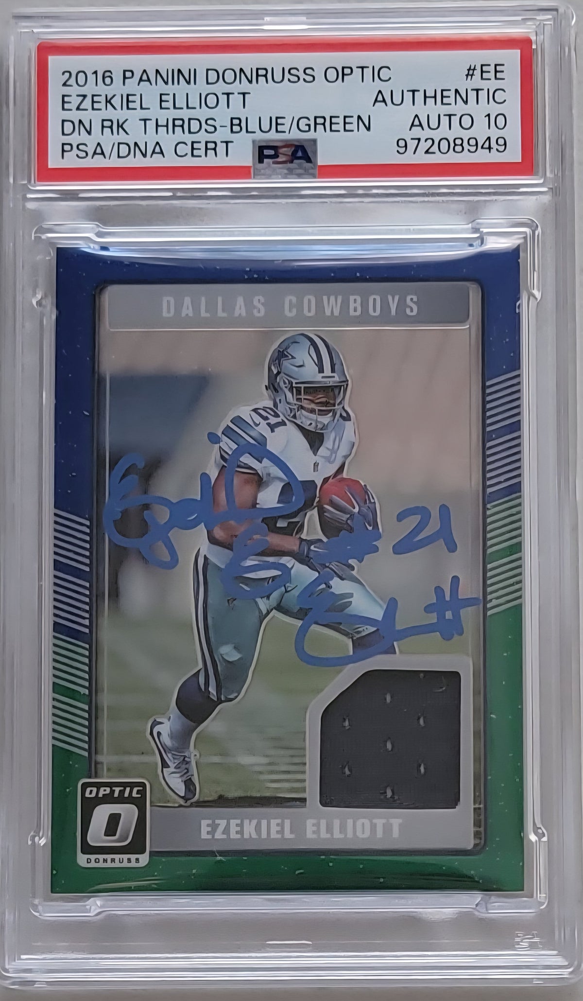 Ezekiel Elliott Signed 2016 Panini Donruss Optic Blue & Green EE Cowboys Rookie Card - PSA Auto 10-Powers Sports Memorabilia