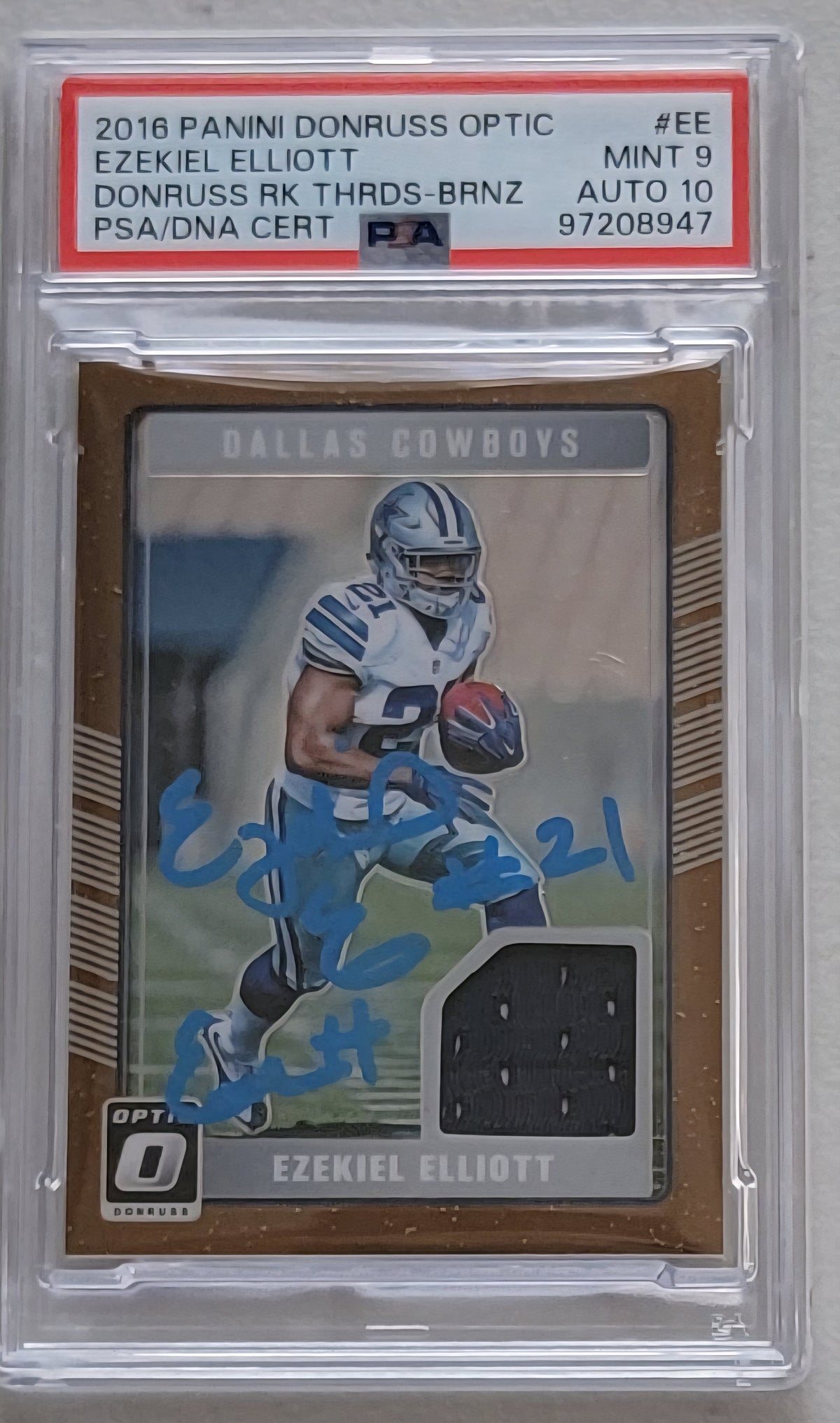 Ezekiel Elliott Signed 2016 Panini Donruss Optic Bronze EE Cowboys Rookie Card - PSA Mint 9 Auto 10-Powers Sports Memorabilia