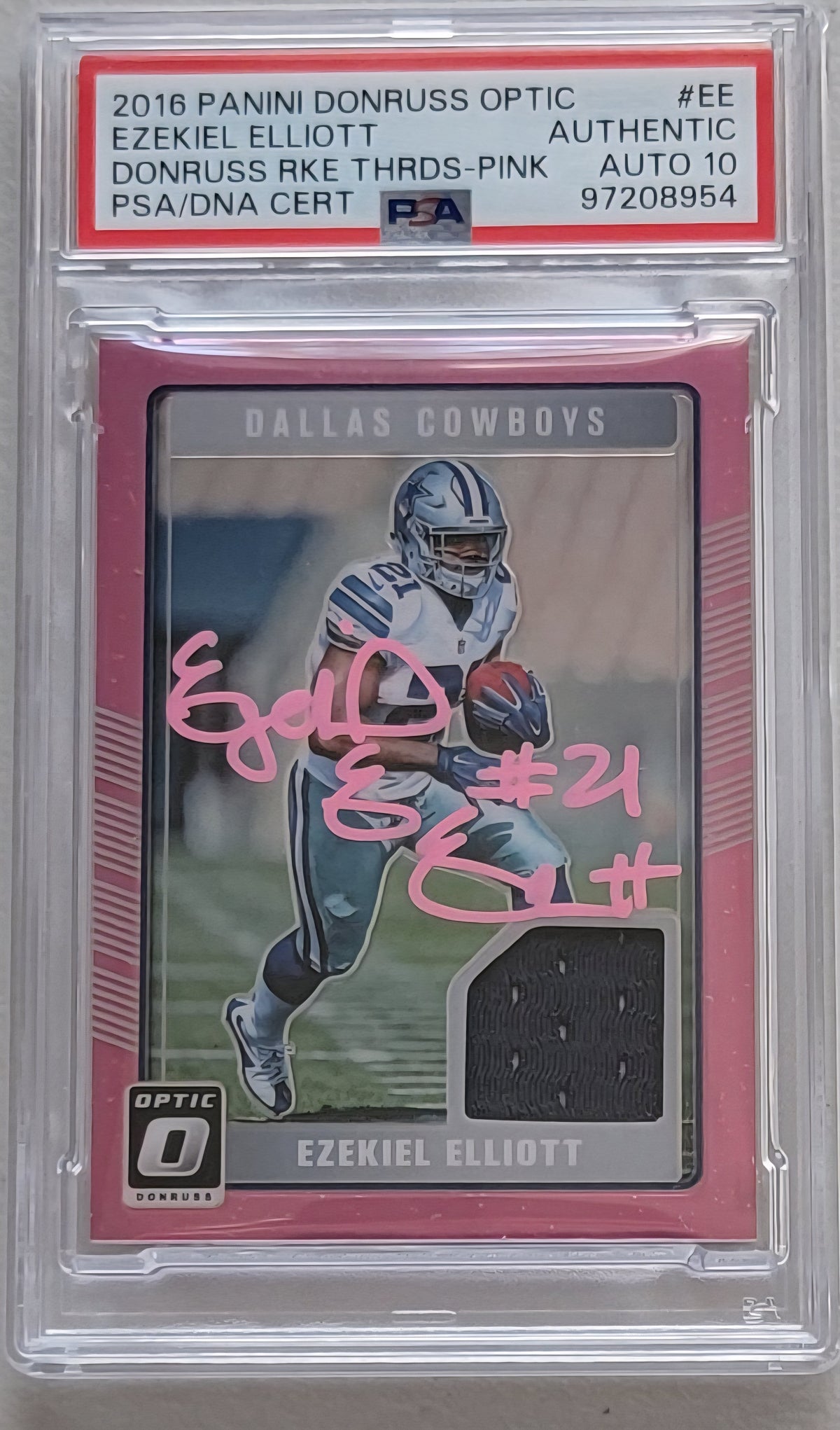 Ezekiel Elliott Signed 2016 Panini Donruss Optic Pink EE Cowboys Rookie Card - PSA Auto 10-Powers Sports Memorabilia