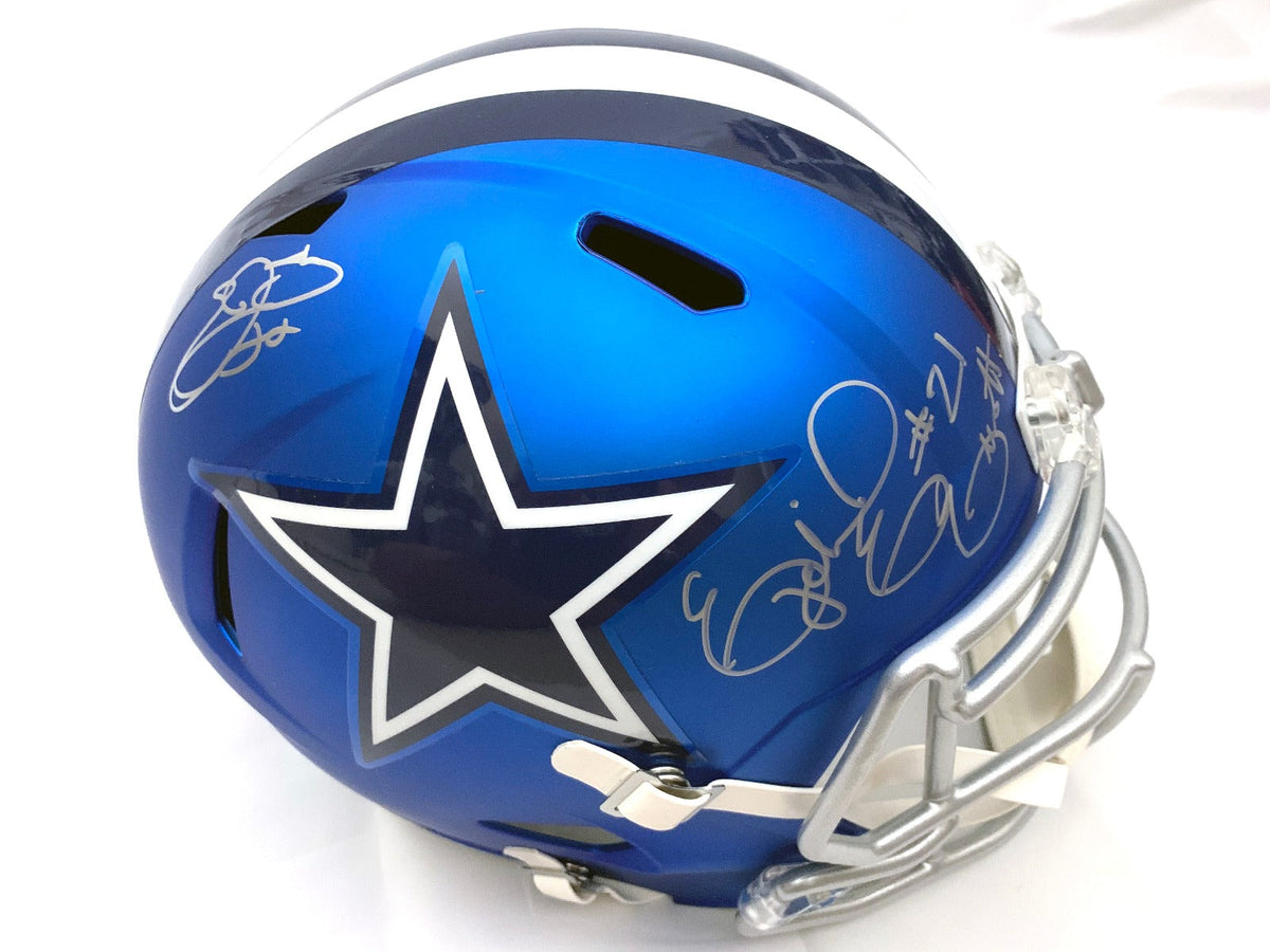 Emmitt Smith and Ezekiel Elliott Signed Dallas Cowboys Riddell Blaze Speed Replica Full Size Helmet Beckett Witness-Powers Sports Memorabilia