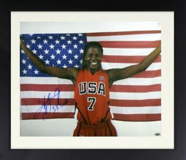 Sheryl Swoopes Autographed 16 x 20 Photograph Team USA Olympics with US Flag 3X Gold Custom Framing- Leaf Authentics (WNBA Basketball)-Powers Sports Memorabilia