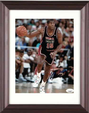Magic Johnson Autographed Team USA Olympic Dream Team 8 x 10 Photograph Custom Framing- JSA (navy jersey dribble)-Powers Sports Memorabilia
