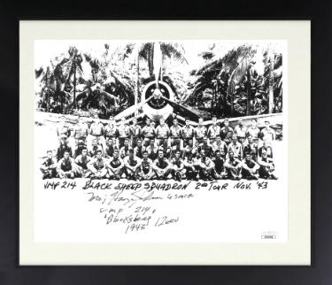 Major Harry Johnson Autographed 1943 Pappy Boyington's Black Sheep 8 x 10 Photograph Custom Framing VMF 214 1943- JSA-Powers Sports Memorabilia