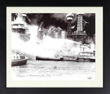 Lauren F. Bruner Autographed WWII Pearl Harbor Survivor 8 x 10 Photograph Custom Framing- JSA with fighting fires (USS Arizona/Dec 7, 1941)-Powers Sports Memorabilia