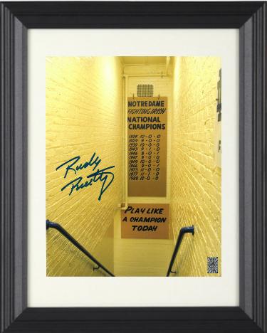 Rudy Ruettiger Autographed Notre Dame Fighting Irish Staircase 8 x 10 Photograph Custom Framing- Rudy 45 Hologram-Powers Sports Memorabilia