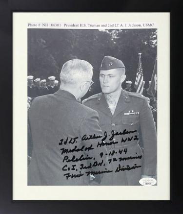 2nd LT. Arthur J. Jackson Autographed WWII 8 x 10 Photograph Custom Framing- JSA -Peleliu/Marines/9-18-44/Medal of Honor with Truman-Powers Sports Memorabilia