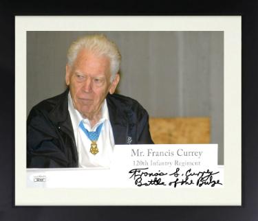 Francis S. Currey Autographed WWII Color 8 x 10 Photograph Custom Framing- JSA #SS17633- Medal of Honor/Battle of the Bulge-Powers Sports Memorabilia
