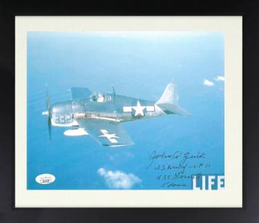 John A. Zink Autographed WWII 8 x 10 Photograph Custom Framing- JSA #SS17657- US Navy Ace Fighter Pilot/VF11 USS Hornet 5 Down-Powers Sports Memorabilia