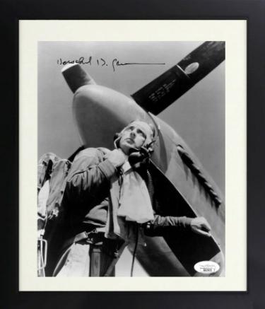 Herschel "Herky" Green Autographed WWII Vintage B&W 8 x 10 Photograph Custom Framing- JSA- Air Force Flying Ace Pilot-Powers Sports Memorabilia