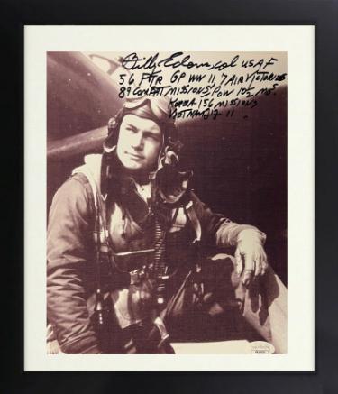 Col Billy Edens Autographed WWII/Vietnam/Korea Ace Pilot B&W 8 x 10 Photograph Custom Framing- JSA #SS17679- 56 FTR Group P-47's-7 Air Victo-Powers Sports Memorabilia