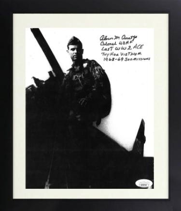 Col. Abner Aust Autographed 8 x 10 Photograph Custom Framing- JSA- Colonel USAF/Last WW2 Ace/Tuy Vietnam/1968-69/300 Missions-Powers Sports Memorabilia