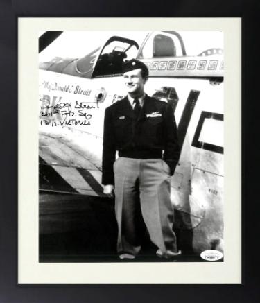 Major Donald J. Strait Autographed WWII B&W 8.5x11 Photograph Custom Framing- JSA- P-51 Mustang Double Ace Pilot/361st FT Group-Powers Sports Memorabilia