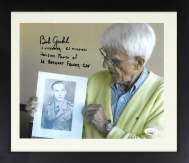 Robert "Bob" Goebel Autographed WWII 8 x 10 Photograph Custom Framing- JSA- Holding Photograph of Lt. Herbert Franke, GAF/11 Victories/61 Mission-Powers Sports Memorabilia