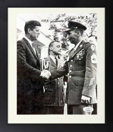 Wilburn Ross Autographed Vintage WWII B&W 8 x 10 Photograph Custom Framing imperfect- JSA #AC92768- MOH WW2/JFK-Powers Sports Memorabilia