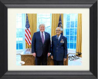 Charles E. McGee Autographed 8 x 10 Photograph with POTUS Donald Trump- JSA- imperfect-Custom Framing-WWII/Korea/Vietnam/Tuskegee Airmen/Red T-Powers Sports Memorabilia