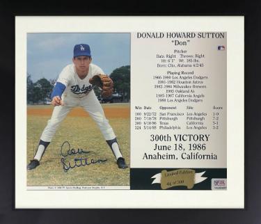 Don Sutton Autographed Los Angeles Dodgers MLB 300th Victory June 18, 1986 8 x 10 Photograph/Card- /300 Custom Framing- imperfect- PSA-Powers Sports Memorabilia
