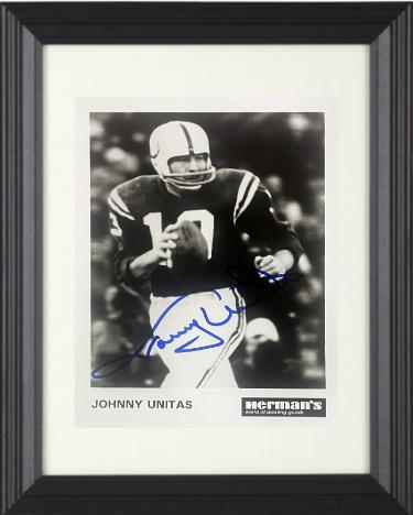 Johnny Unitas Autographed Herman's Sporting Goods Baltimore Colts 5X7 Photograph Custom Framing- COA-Powers Sports Memorabilia