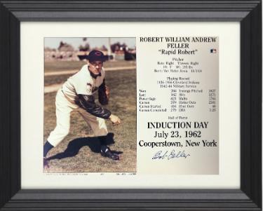 Bob Feller Autographed Cleveland MLB Licensed Hall of Fame Induction Day 8 x 10 Photograph/Card Custom Framing- COA (HOF)-Powers Sports Memorabilia