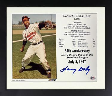 Larry Doby Autographed Cleveland MLB 50th Anniversary Debut in the American League July 5, 1947 8 x 10 Photograph/Card Custom Framing- COA-Powers Sports Memorabilia