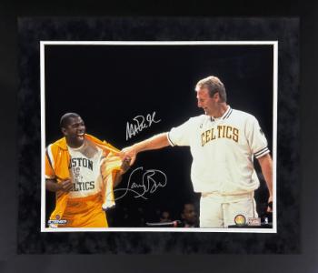 Magic Johnson/Larry Bird dual Autographed Retirement Night 16 x 20 Photograph Custom Framing- Steiner Sports Hologram/COA-Powers Sports Memorabilia