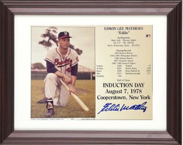 Eddie/Ed Mathews Autographed Milwaukee Braves MLB Hall of Fame Induction Day 8 x 10 Photograph/Card Custom Framing- COA (HOF)-Powers Sports Memorabilia