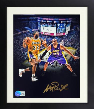 Magic Johnson Autographed Los Angeles Lakers 8 x 10 Photograph Custom Framing- Beckett Witnessed (with Kobe Bryant)-Powers Sports Memorabilia