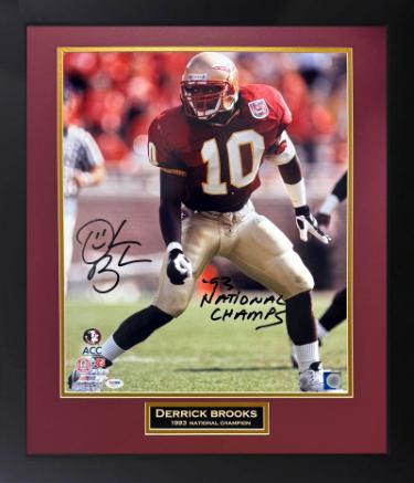 Derrick Brooks Autographed Florida Seminoles NCAA Licensed 16 x 20 Photograph '93 National Champs Custom Framing- PSA In The Presence-Powers Sports Memorabilia