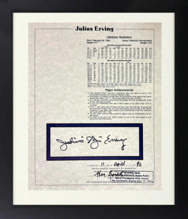 Julius "Dr. J" Erving Autographed Lifetime Statistics 8 x 10 Photograph Custom Framing- Goldin COA/Notarized-Powers Sports Memorabilia