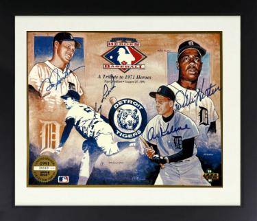 Detroit Tigers Autographed 1991 Upper Deck Heroes 1971 Tribute 8.5x11 4 SIGS Custom Framing- COA (Al Kaline/Horton/Lolich/Freeman)-Powers Sports Memorabilia