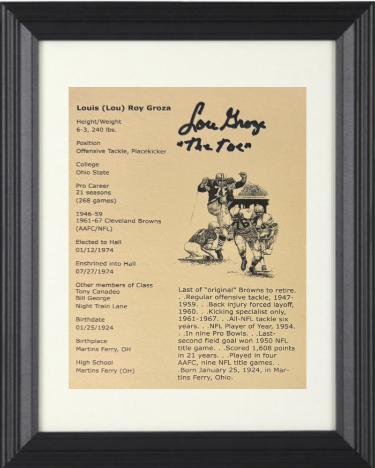 Lou Groza Autographed 1974 HOF 5X7 Stat Photograph Card Custom Framing with The Toe- COA (Cleveland Browns)-Powers Sports Memorabilia