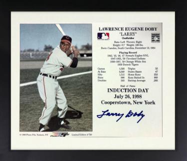 Larry Doby Autographed Cleveland MLB Licensed Hall of Fame Induction July 26, 1998 8 x 10 Photograph/Card Custom Framing- COA/Ticket (HOF)-Powers Sports Memorabilia