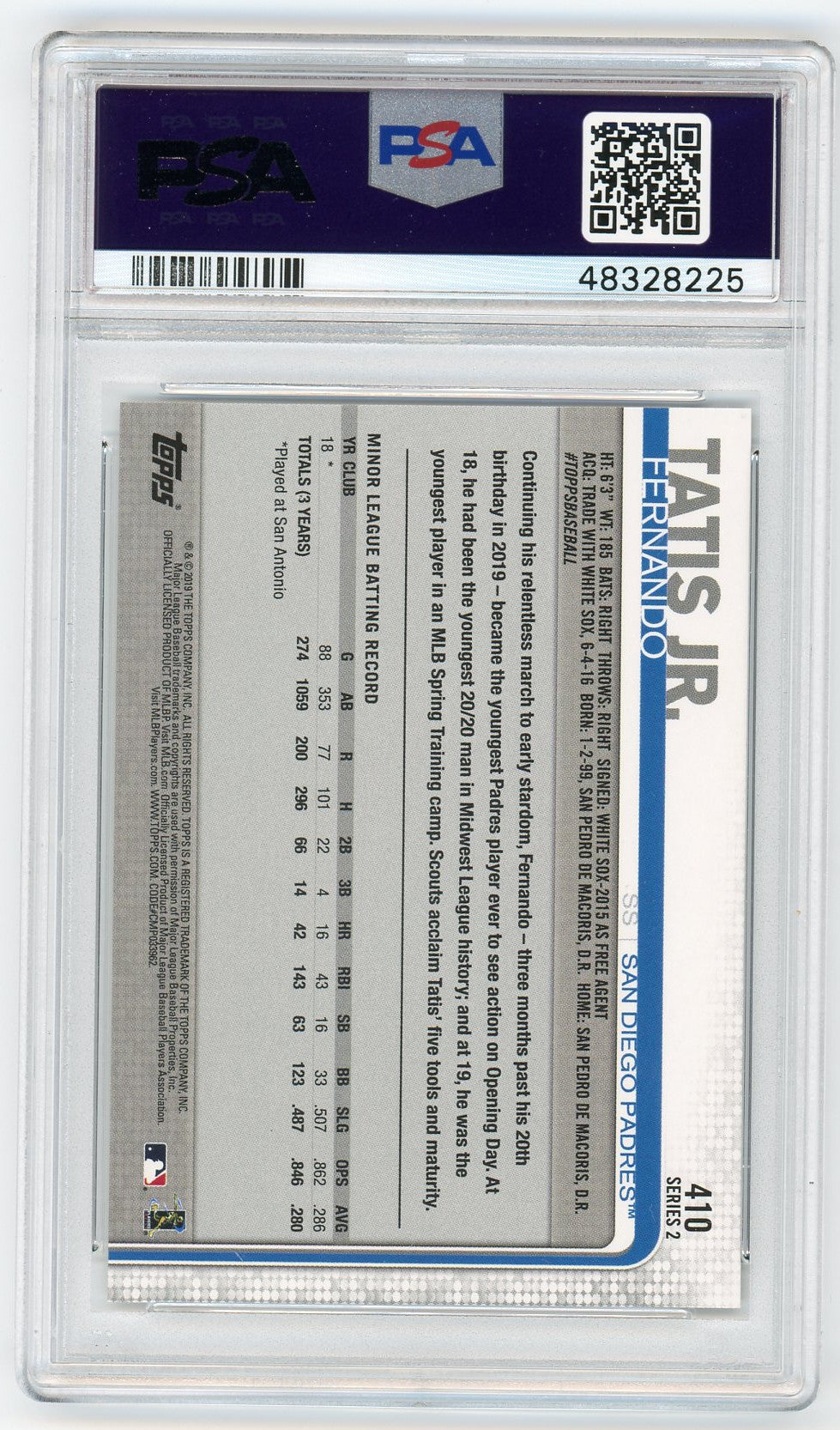 Fernando Tatis Jr 2019 Topps Baseball Rookie Card #410 Graded PSA 10-Powers Sports Memorabilia