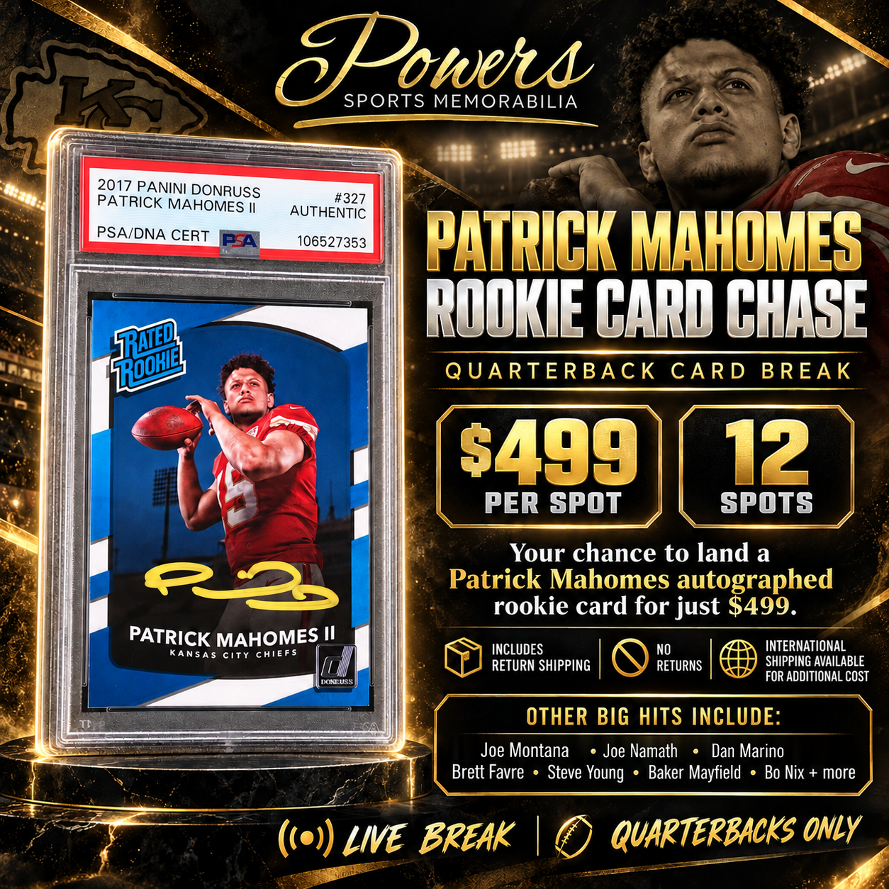 Patrick Mahomes Autographed Rookie Card Chase Break – $499 Per Spot-Powers Sports Memorabilia