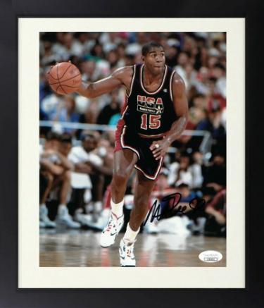 Magic Johnson Autographed Team USA Olympic Dream Team 8 x 10 Photograph Custom Framing- JSA (navy jersey dribble) - CTBL_fr16944-Powers Sports Memorabilia