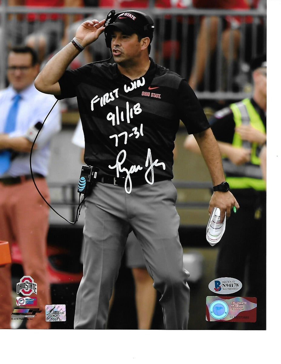 Ryan Day Autographed Ohio State Buckeyes First Win Multi Inscription 8x10 Beckett Witnessed-Powers Sports Memorabilia
