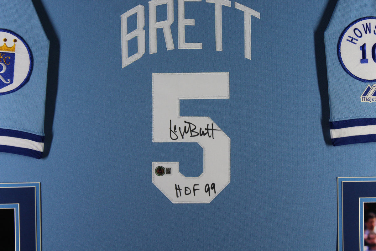 George Brett Autographed Kansas City Royals Signed Majestic Powder Blue Baseball Framed Jersey Hall of Fame HOF 99 Beckett COA-Powers Sports Memorabilia