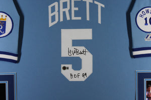 George Brett Autographed Kansas City Royals Signed Majestic Powder Blue Baseball Framed Jersey Hall of Fame HOF 99 Beckett COA-Powers Sports Memorabilia