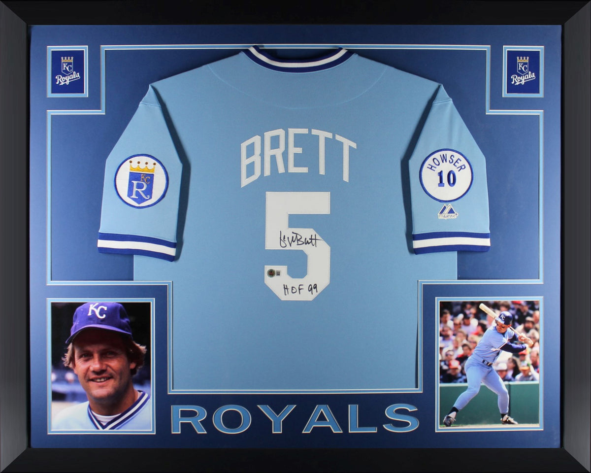 George Brett Autographed Kansas City Royals Signed Majestic Powder Blue Baseball Framed Jersey Hall of Fame HOF 99 Beckett COA-Powers Sports Memorabilia